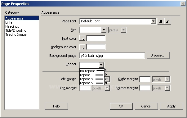 Page Properties penceresinden Arka Plan Ekleme